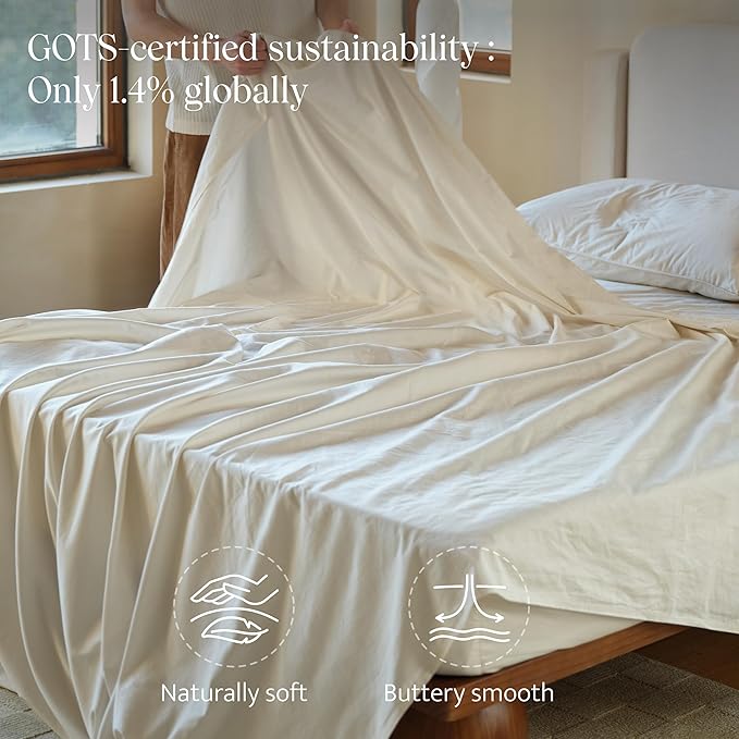 Double Stitch Organic Cotton Queen Bundle: 4-Piece Sheet Set & 3-Piece Duvet Cover, 300 TC Sateen Weave, GOTS Certified Long Staple Cotton, Made in India, Coconut Milk