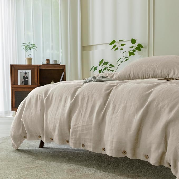 EVERLY 100% Pure Linen Duvet Cover Set King Size 104x90 Inch 3 Pieces (1 Duvet Cover, 2 Pillowcases) Soft and Breathable for All Season with Coconut Button Closure, Suitable for Hot Sleepers
