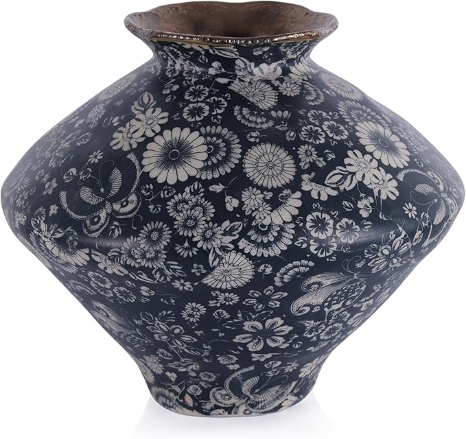 Large Wabi Sabi Blue and White Vintage Ceramic Vase, 9.8" Rustic Pottery Vase for Centerpieces, Chinoiserie Decorative Flower Vases for Table, Living Room, Bathroom, Kitchen, Farmhouse Home Decor Gift