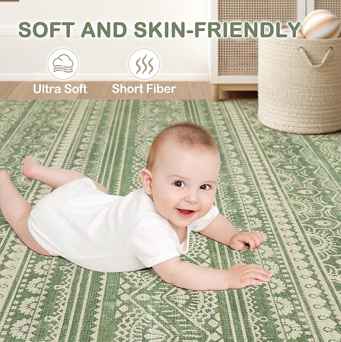 Tortania Area Rug Living Room Rugs - 5x8 Washable Large Soft Neutral Boho Moroccan Bohemian Farmhouse Rug Indoor Floor Carpet for Bedroom Under Dining Table Home Office Decor - Green