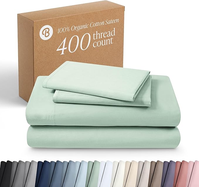 Bare Home 100% Organic Cotton Twin Extra Long Sheet Set - 400 Thread Count - Smooth Sateen Weave - Breathable & Cooling - Hotel Luxury Set - Deep Pocket Bed Sheets (Twin XL, Willow)