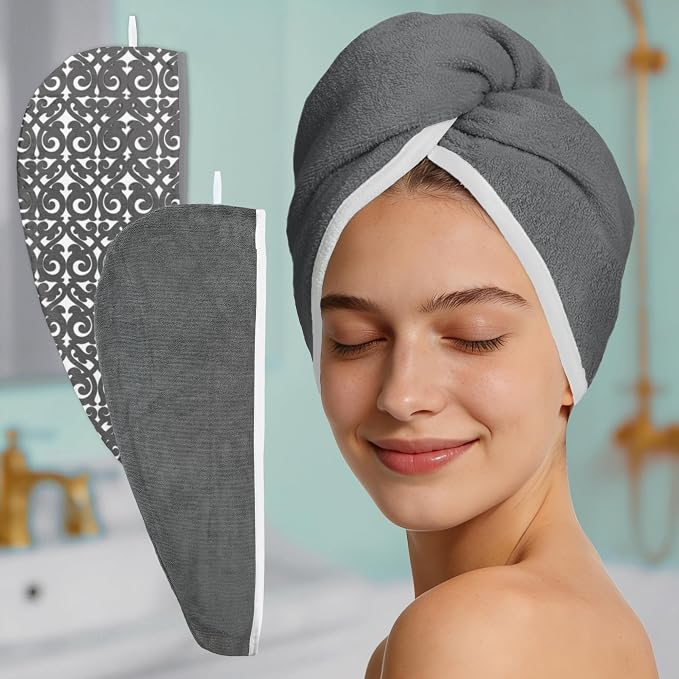 VOOVA & MOVAS Dark Gray Microfiber Hair Towel, 2-Pack Button-Free Elastic Loop Hair Turban, Ultra Soft Quick Dry Hair Wrap, Highly Absorbent Anti Frizz Towel