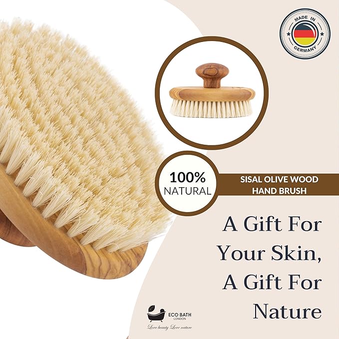 Eco Bath London Natural Sisal Olive Wood Hand Brush - Dry Brushing Body Brush for Exfoliation and Massage, Dry Brushing for Cellulite Lymphatic Drainage, Exfoliating Back Scrubber Spa Gift for Women