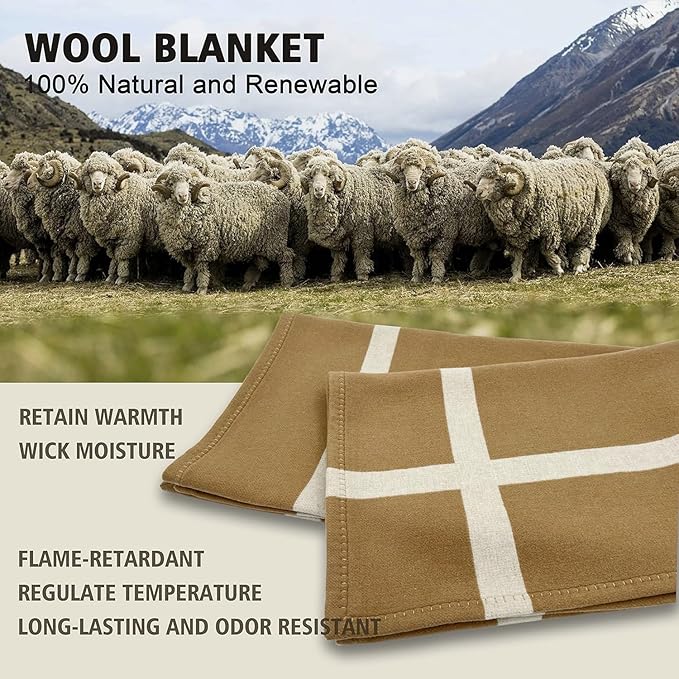 Wool Blanket & Throws 90% Wool Warm Blanket Soft Couch Blankets 75"x55" Twin Throw Blankets for Living Room, Camping, Outdoors, or Car Travel with Exquisite Box for Gift (Camel)