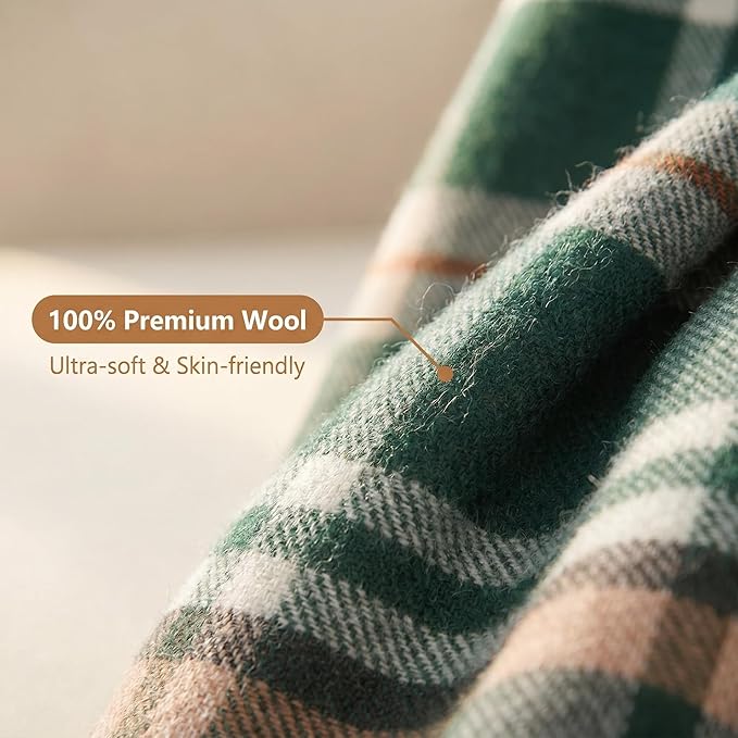 100% Wool Blanket Throw,Green Plaid Wool Blanket with Compact Bag,Rustic Soft Lightweight Blanket for Couch,Sofa,Bed & Lounging Decoration, Warm Travel Blanket for Home, Airplane,Ideal Gifts 55"x83"