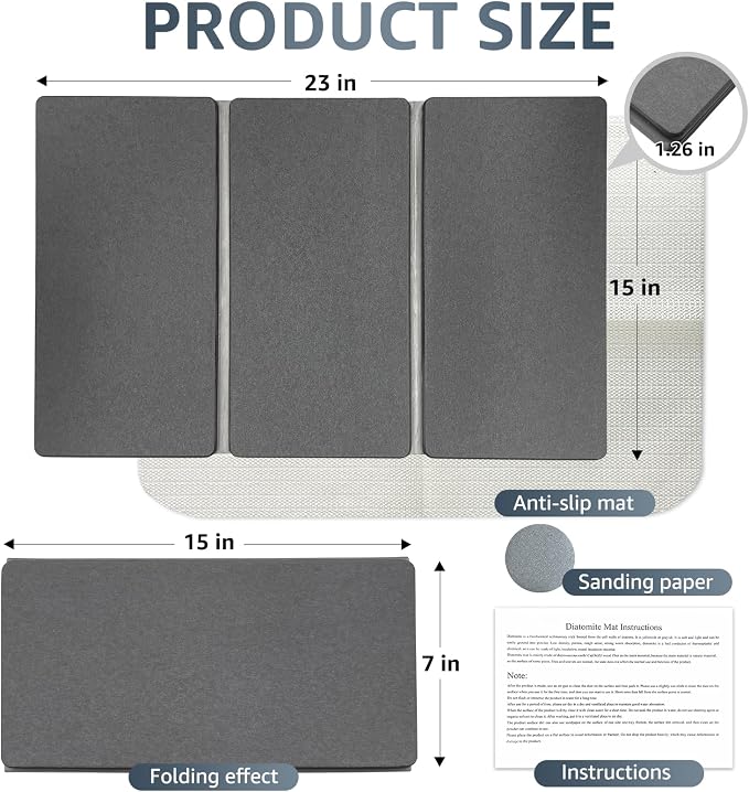 Sisher Large Stone Dish Drying Mat For Kitchen Counter,Quick Dry Diatomaceous Earth Drying,Water Absorbing,Easy To Store,Foldable For Dish Racks, Bottles, Cups, And Cutlery.(24" × 16" Dark Gray)