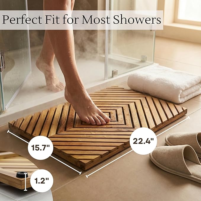 PANDAWOOD Teak Shower Mat for Inside Shower 22x15 - Premium Teak Wood Bath Mat Non Slip - Wooden Shower Mat for Outdoor - Heavy Duty Teak Bathroom Floor Mat for Bathtub Sauna