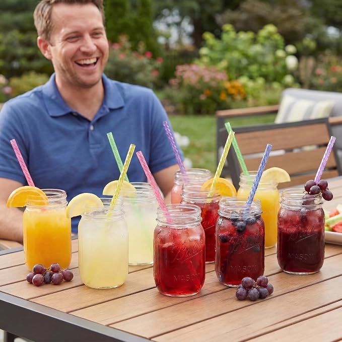 100PCS Reusable Straws with Cleaner Brush, 9.06" Long Colorful Clear Hard Plastic Swirl Drinking Straws for 12 oz 16 oz Mason Jar, Tumblers, Milk, Juice, Iced Coffee, Smoothies, Cocktail
