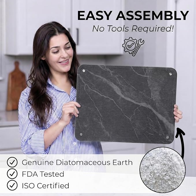 LARGE MATMOSPHERE Stone Dish Drying Mat for Kitchen Counter – Fast Absorbing Diatomaceous Mat with Stainless Steel Legs, Quick Dry, Dish Rack Mat, USA Small Business, 18”x14”, Slate Gray