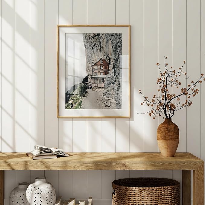 22x28 Poster Frame, USA-Sourced Oak Wood Frame Wall Mounted, 22x28 Picture Frame with Real Glass, 22 x 28 Picture Frame Matted to 18x24 Photo for Vertical & Horizontal Hanging, 1 Pack