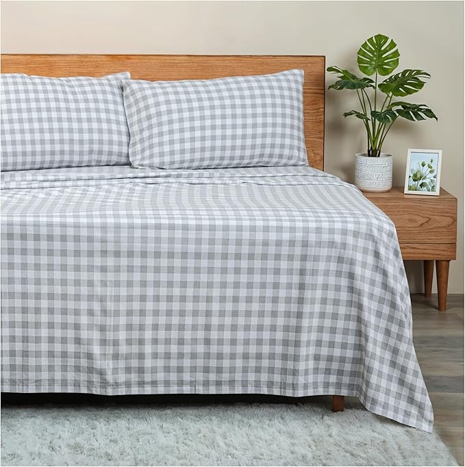 RUVANTI Flannel Sheets Queen Size - GOTS Certified 100% Organic Cotton, 4 Piece Warm, Soft & Breathable Set, Deep Pocket Snug Fit, Double Brushed Cozy All Season Bedding, Open Gingham