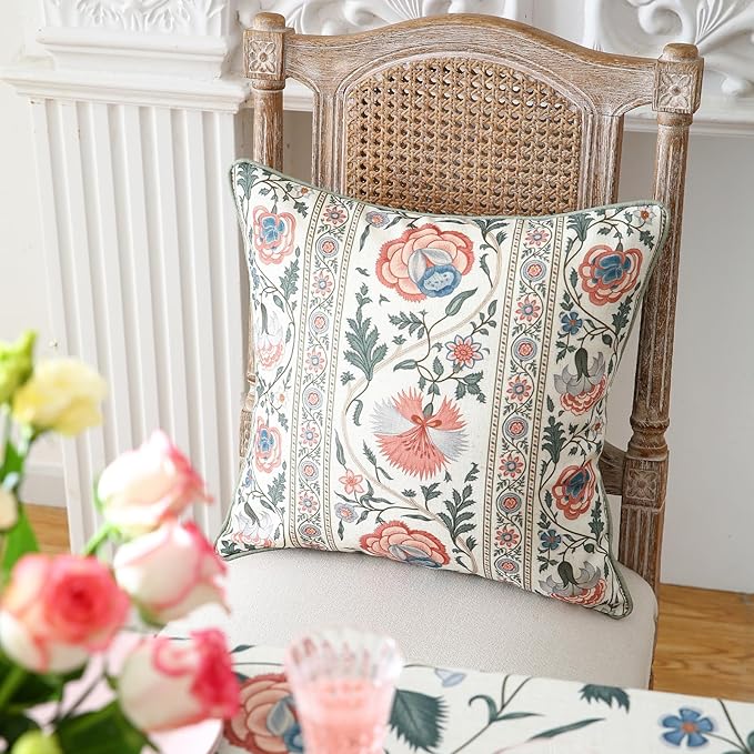 ISAENNE Design Square Retro Elegance Linen Throw Pillow Covers 18"x18" Pack of 2, Green Pink Floral Pattern Cushion Covers Decor Pillowcases for Bed,Living Room,Outdoor,Car