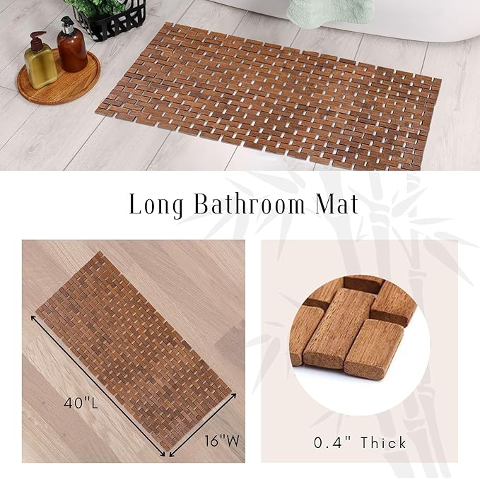 EVIDECO French Home Goods Rectangular Natural Bamboo Bathroom Mat - Non Slip Bath Mat - Perfect for Shower, Spa, Sauna and Bathroom Decor - Foldable Duckboard, 16 x 40 inches, Brown