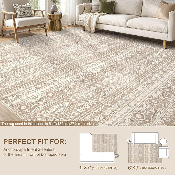 Tortania Area Rug Living Room Rugs - 5x7 Washable Large Soft Neutral Boho Moroccan Bohemian Farmhouse Rug Indoor Floor Carpet for Bedroom Under Dining Table Home Office Decor - Light Brown