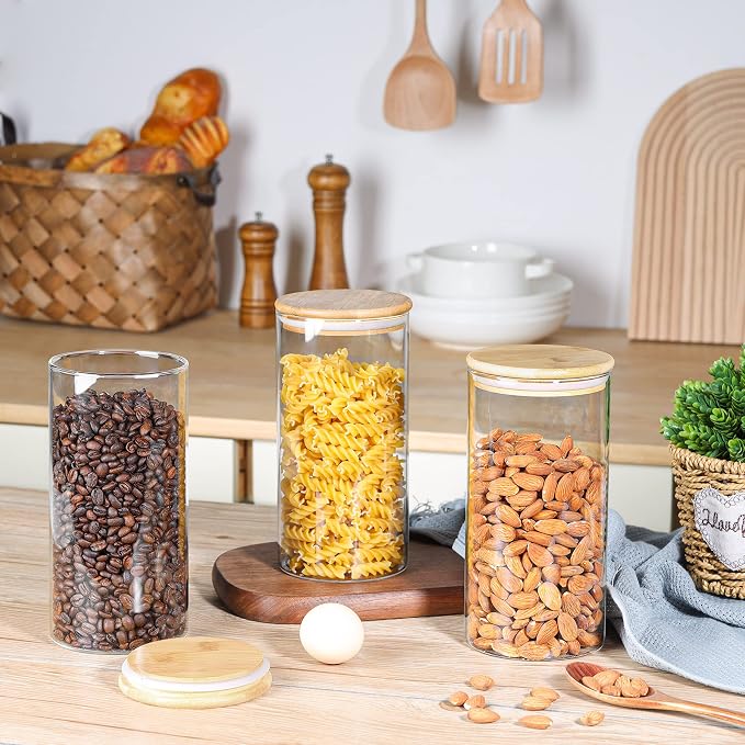 ComSaf Set of 9 Glass Storage Containers with Lids, Glass Jars with Bamboo Lids, Clear Food Storage Jar, Round Glass Canister, Pantry Organizers and Storage for Pasta Flour Rice Coffee Bean