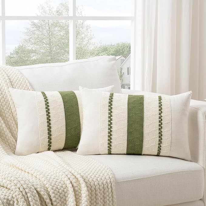 Fancy Homi Set of 1 Boho Moss Green Long Lumbar Decorative Throw Pillow Cover 14x24 Inch for Couch Bed Sofa Chair, Modern Organic Farmhouse Home Decor, Soft Cotton Cute Accent Rectangle Cushion Case