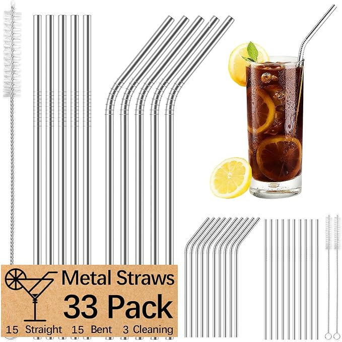 33 Pack of metal straws reusable,15 Straight +15 Bent 8.5 Inch Stainless Steel Straws, 3 Pcs Cleaning Brushes Included, Perfectly Compatible with 20oz Cup Tumblers