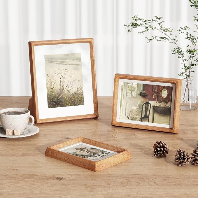 Fun Memories 8x10 Picture Frame, USA-Sourced Cherry Wood Photo Frames with HD Tempered Glass, Handcrafted Rounded Corner 8 x 10 Wooden Frames Matted to 5x7 Photos, 8x10 Frame, Tabletop or Wall Display