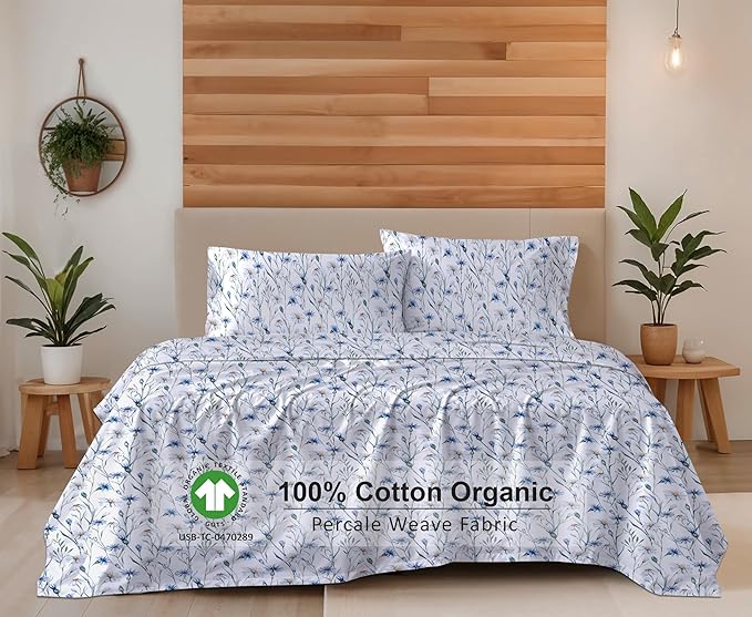 RUVANTI 100% Cotton Organic Percale Sheets Split King Size – Crisp Cooling Bed Sheets for Hot Sleepers, Deep Pocket 15”, Soft Peach Finish, Breathable & Durable Hotel-Style 5 Pcs, Daisy Bud