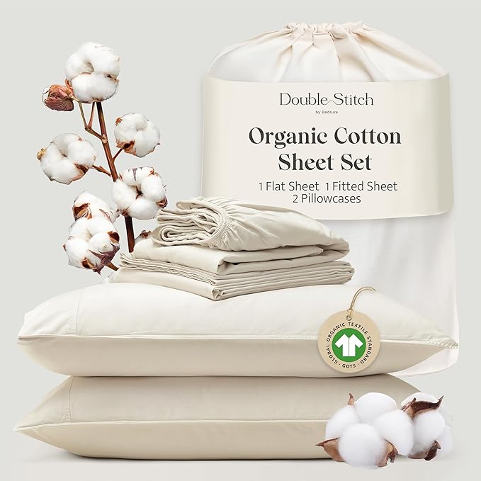 Double Stitch 100% Organic Cotton Sheets, Queen Sheet Set, GOTS Certified Long Staple Cotton Bedsheets, Luxury & Soft Hotel Bed Sheets with 16 inches Deep Pocket, Made in India Coconut Milk