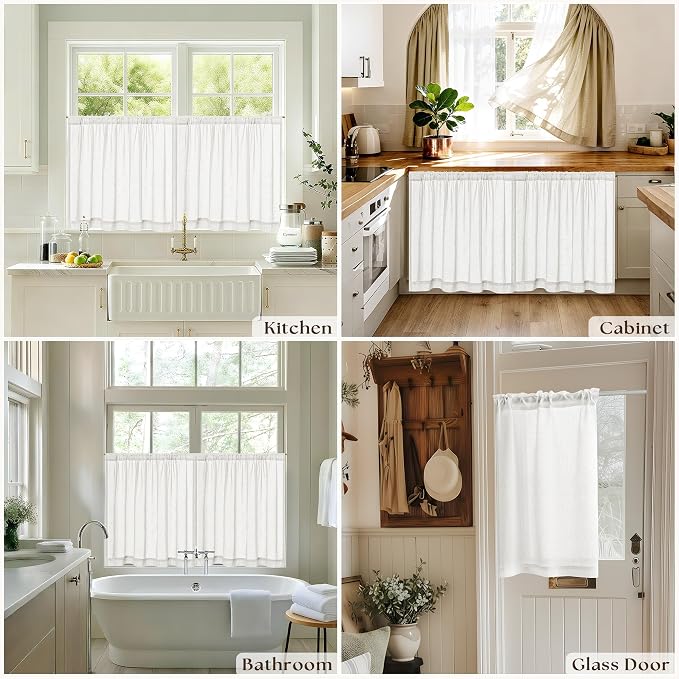 Off White Semi Sheer Linen Kitchen Curtains 24 Inch Length 2 Panels | Cream, Short Small Curtains for Cafe Laundry Bathroom Over Sink, Rod Pocket, Privacy Assured with Light Through, 30x24 Inches