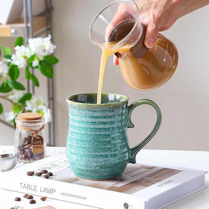21 oz Large Ceramic Coffee Mugs, Handmade Cup with Large Handle, Big Tea and Coffee Cups for Office and Home, Microwave and Dishwasher Safe (Crystal Green)