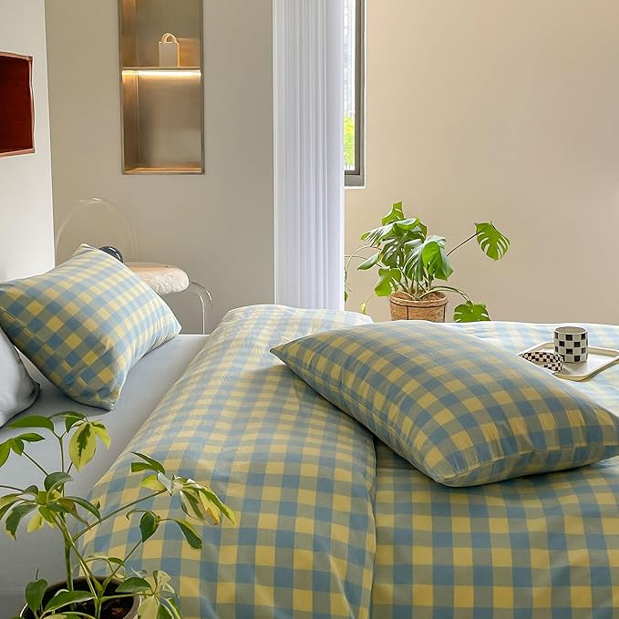 mixinni Plaid Duvet Cover Set Twin Yellow - Soft Washed Cotton Modern Geometric Bedding Set with 2 Pillowcases, Blue Green Gingham Grid Twin Duvet Cover for Men & Women, Soft & Lightweight