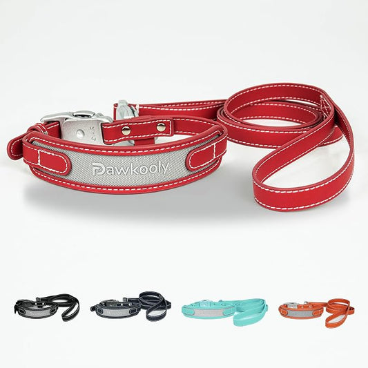 MagEase Dog Collar with 4FT Leash | Adjustable | Anti-Wrinkle, Bite & Stain-Resistant Leather | Soft & Skin-Friendly | 450LB Escape-Proof Magnetic Buckle (Red, Extra Large)