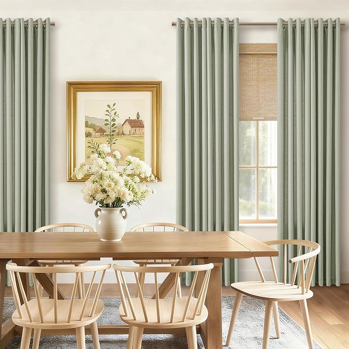 Sage Green Linen Curtains 63 Inch Length 2 Panels Set For Living Room, Bronze Grommet Semi Sheer Flax Light Filtering Boho Drapes Window Bedroom Curtains 63 Inch Long Kitchen Dining Room Light Green