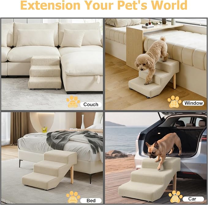 3-Step 15.7" H Dog Stairs for Bed Couch, Waterproof & Scratch PU Leather Pet Steps for Small Dogs and Cats, Dog Ramp with 220 lbs Maximum, Oak Leg & Solid Wood, Non-Slip Feet,Cream