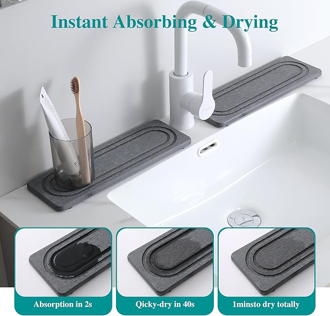 2PCS Water Absorbing Stone Tray for Sink, Quick Drying Diatomite Bathroom Tray Countertop, Stone Drying Mat for Kitchen Counter Faucet, Soap Dish Dispenser Vanity Organizer, Dark Gray-11.8" x 4"