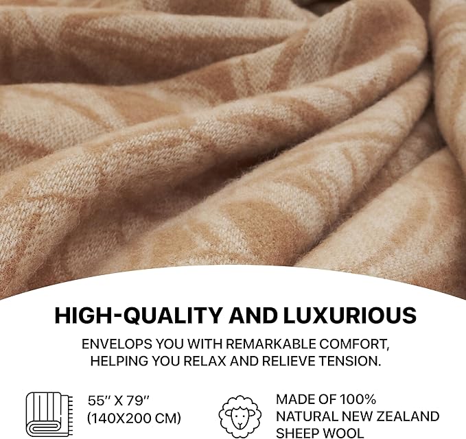| Wool Blanket/Throw | 100% New Zealand Wool | Perfect for Home and Outdoors | Virgin Wool Blanket with Fringes 55"x79" (140 x 200 cm) (Coffee Leaves)