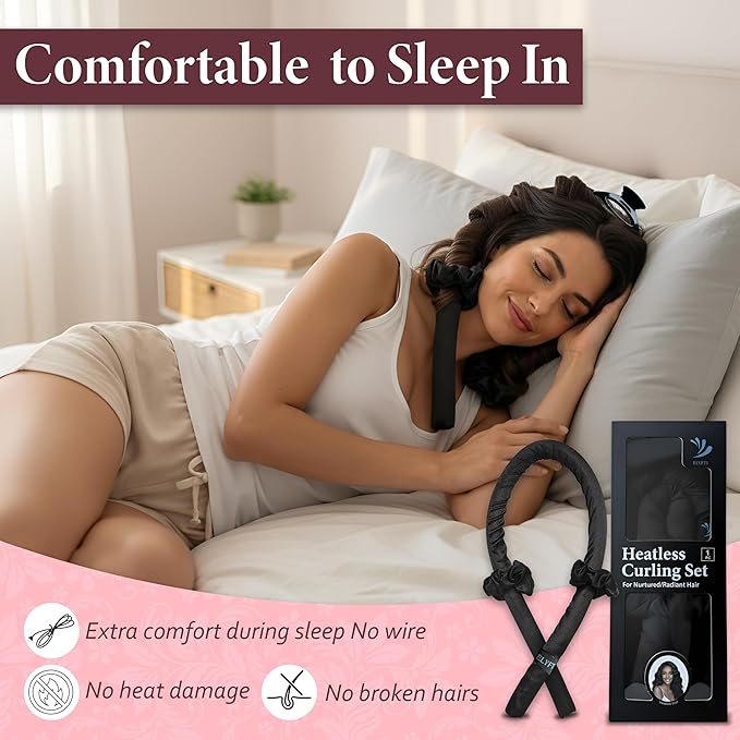 Heatless Curlers, No Heat Curls Overnight, Black Satin Flexi Rod with 6pcs Heatless Curling Set, 2 Scrunchies, 2 Hair Ties, Carry Pouch, Clip for Overnight Hair Curler (Black, All Size)