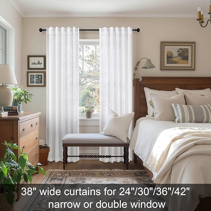 White Linen Curtains 38 Inch Wide for Bedroom 2 Panels Back Tab Rod Pocket Lightweight Flowy Cotton Textured Semi Sheer Boho Farmhouse Curtains for Living Room Classic Vintage Decor Width 38x84 Long