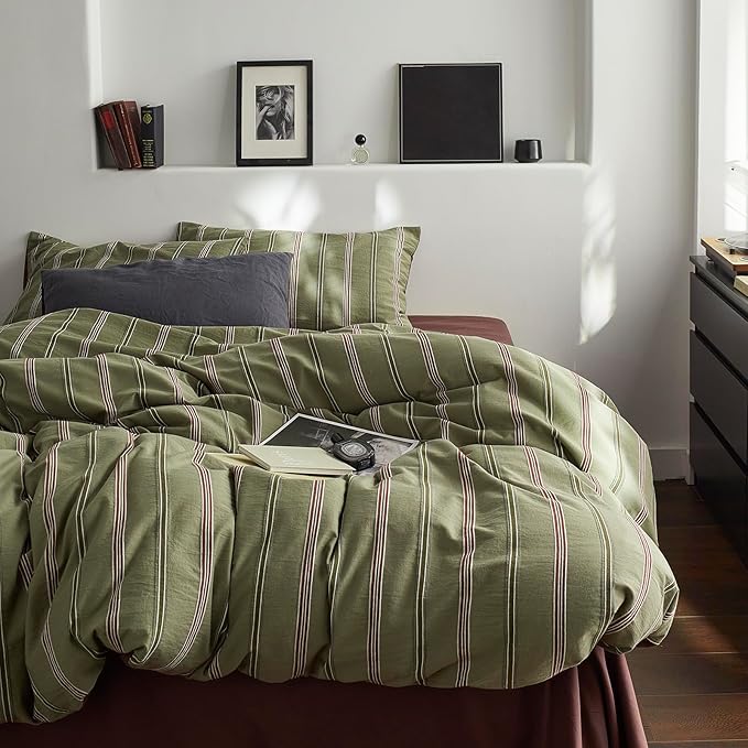 mixinni Vintage Striped Duvet Cover Set Queen – 100% Cotton Reversible Jacquard Bedding Set, Retro Olive Green & Terracotta Comforter Cover, Soft Breathable 3-Piece(1 Duvet Cover+2 Pillowcases)