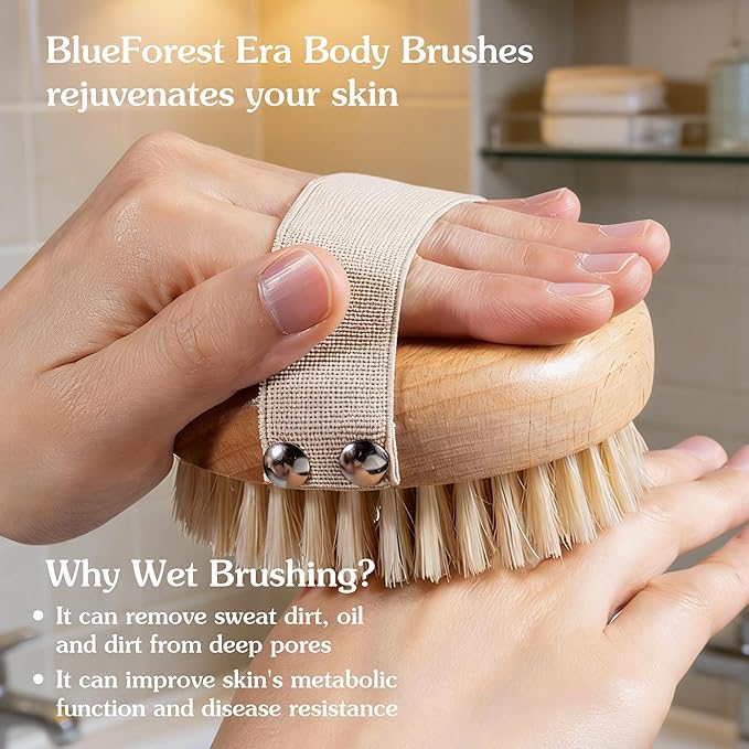 Round Dry Brushing Body Brush with Natural Boar Bristles for Cellulite Remover, Helps Lymphatic Drainage, Improve Circulation Exfoliation for Soft Skin, Body Scrub Deep Cleanse