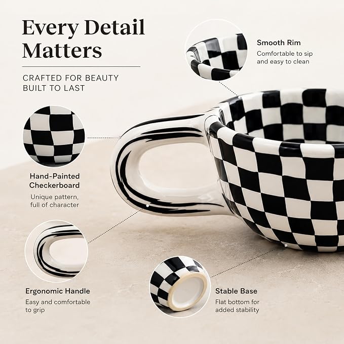 Ceramic Coffee Mug 5.7Oz Small Checkered Coffee Cups Alpine Pattern Hot Chocolate Cup Handmade Checkerboard Latte Mug Aesthetic Gift for Coffee Lovers Microwave Safe,Black checkered