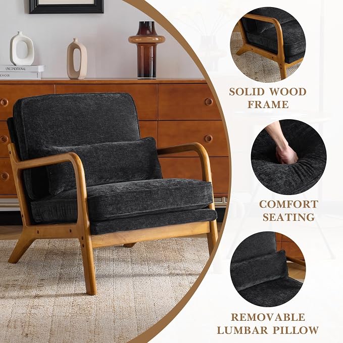 Karl home Mid-Century Modern Accent Reading Chair, Black | Chenille Upholstered, Solid Wood Frame, Soft Cushion, Lumbar Pillow, Lounge Armchair for Living Room, Bedroom, Balcony, Study