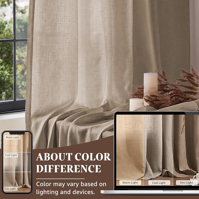 jinchan Taupe Linen Blend Curtains 120 inch Extra Long 2 Panels for Bedroom Living Room, Light Filtering 50 inch Wide Farmhouse Drapes with Rod Pocket Back Tab(50W x 120L, Taupe)