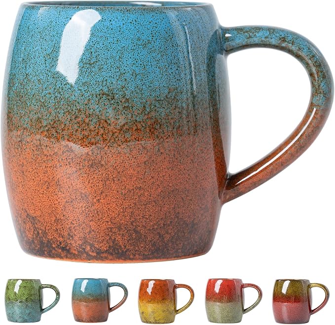 Handmade 22oz Ceramic Coffee Mug, Ergonomic Large Handle, Ideal Gift for Coffee Lovers, Microwave & Dishwasher Safe (Minute-Blue&Orange)