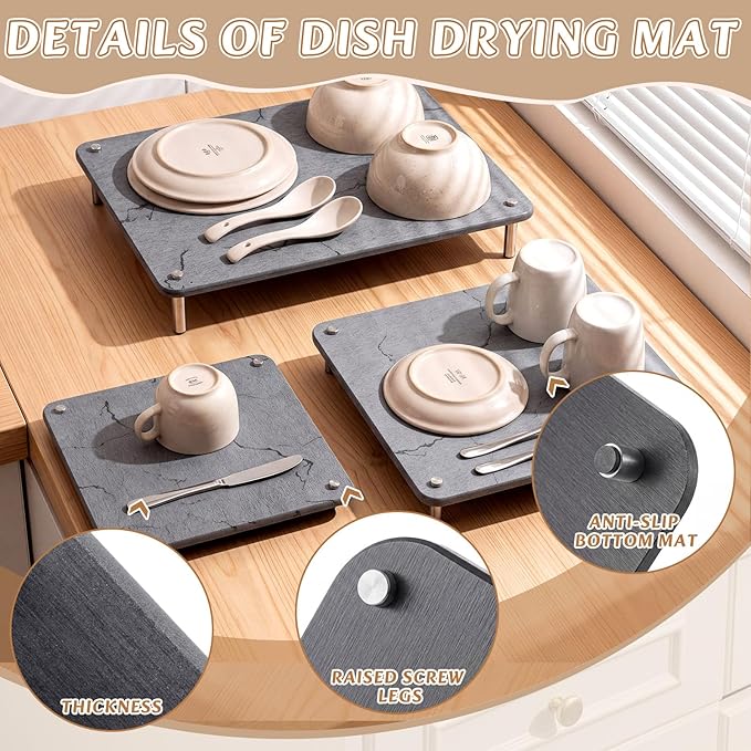 3 Pcs Nesting Stone Drying Mat for Kitchen Counter, Diatomaceous Dish Stone Drying Mats Quick for Kitchen Counter, Non Slip Feet, Heat Resistant, Nesting Stackable Design(Marble,Grey)