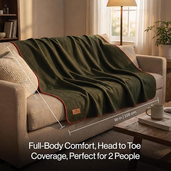 Whispering Winds 100% Wool Blanket, Premium Queen Size (90"x90") | Soft, Warm, Thick, Comfortable, For Bed, Couch, Home, Car, Camping, Outdoors, Survival