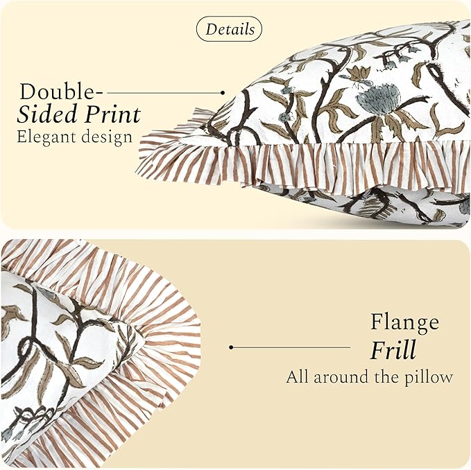 CPC Cocoa Vine Hand Block Print 100% Cotton Ruffle Throw Pillow Cover 20x20 inch with Hidden Zipper Decorative for Couch, Bed, Sofa, Farmhouse, Cottagecore Decor Gift Christmas Fall Thanksgiving