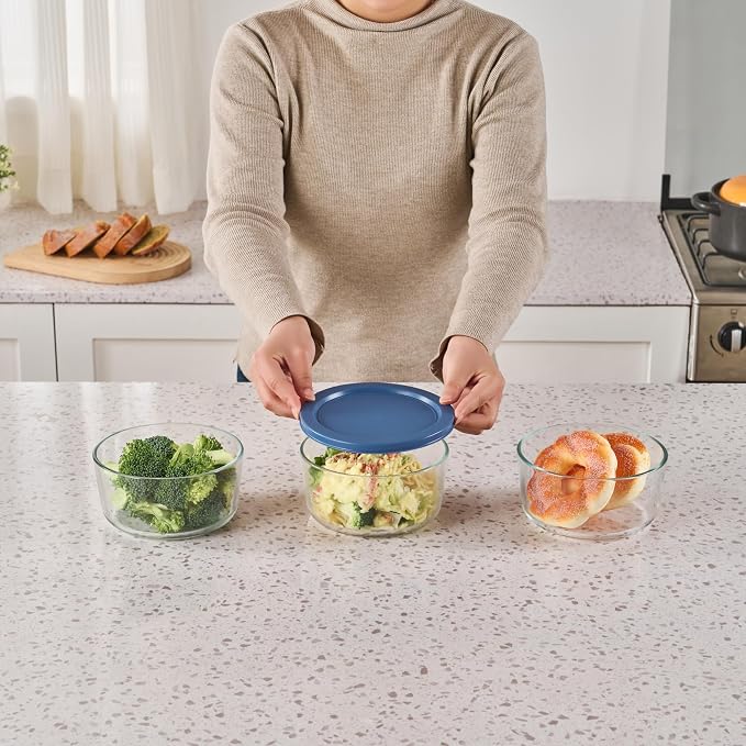6-Piece Glass Food Storage Containers Set (3 Containers + 3 BPA-Free Lids) | 4-Cup, Leakproof | Microwave, Freezer, Oven & Dishwasher Safe | Ideal for Meal Prep & Pantry Organization, Deep Navy