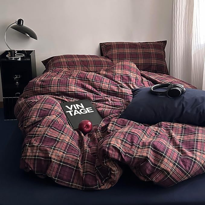mixinni Vintage Buffalo Plaid Duvet Cover Set Twin XL Size – 3 Piece Washed Cotton Bedding for College Dorm, Soft & Breathable Burgundy Grid Comforter Cover with Retro Aesthetic for Teen Boys Girls