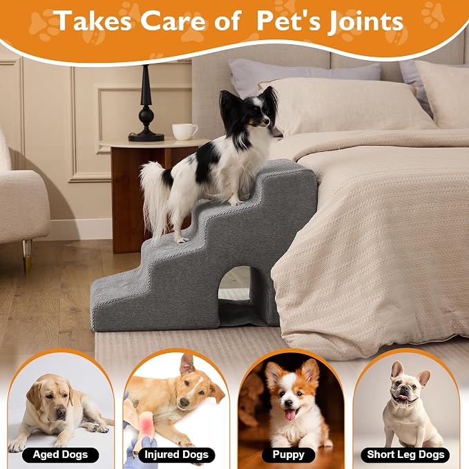 Dog Stairs for Bed 19.5’’ H, 4-Step Dog Steps for High Bed, Pet Stairs for Small Dogs and Cats to Get on Beds, Couch, Non-Slip Balanced Pet Steps and Ramp with Waterproof Cover and Tunnel, Grey