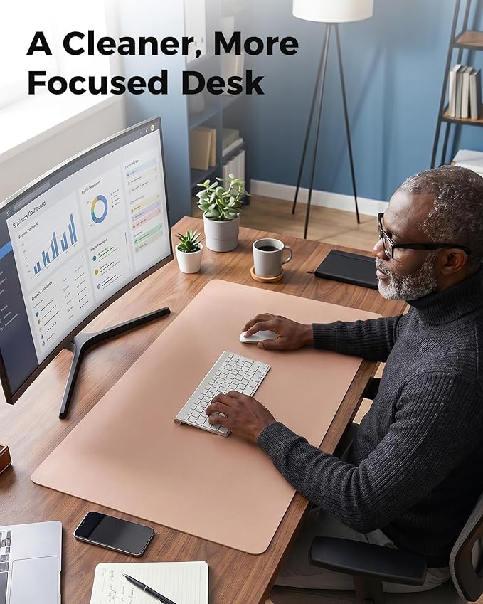 Aothia Cork Desk Mat - Dual-Sided XL PU Leather Desk Pad & Full Desk Protector, Large Waterproof Desktop Mat for Office & Gaming (47" x 23.6", Pink)
