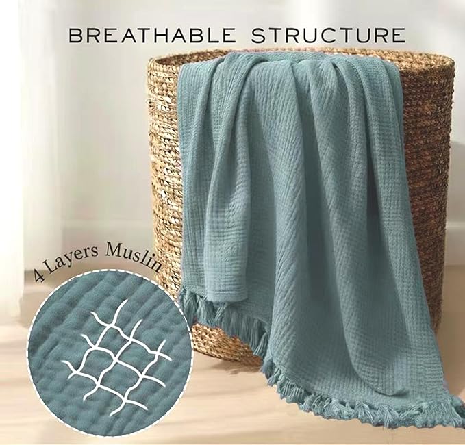 KyraHome 100% Cotton Throw Blankets for Couch, 60"x80" Pre-Washed Plant-Dyed Breathable Lightweight Gauze Soft Muslin Throw Blankets for Adults, All Season (Slate Blue)