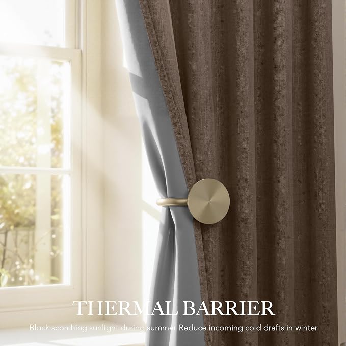 RYB HOME Brown 100% Blackout Curtains 96 inches Long, Thermal Insulating Privacy Energy Saving Linen Curtains for Bedroom Living Room Window Office Theater Dining Nursery, W52 x L96, 2 Panels