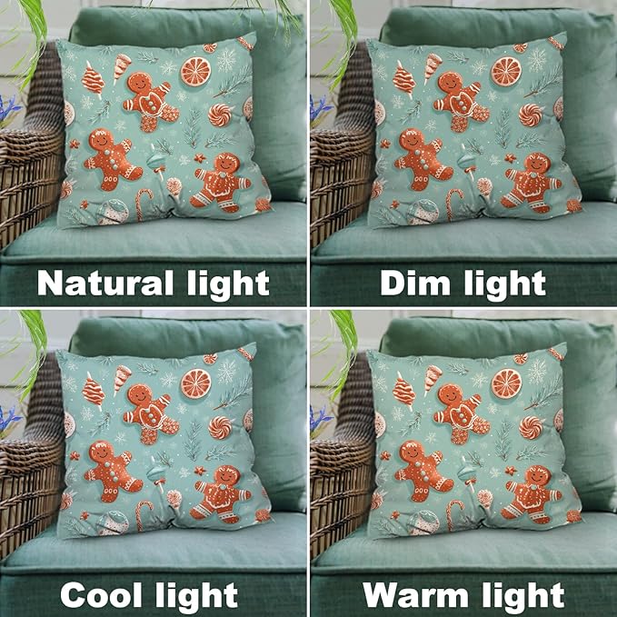 Shrahala Gingerbread Christmas Candy Decorative Throw Pillow Cover, Retro Christmas Candy Pattern Square Pillowcase Blended Double-Sided No Inserts for Bedroom Living Room Set of 2 (20 x 20 in)